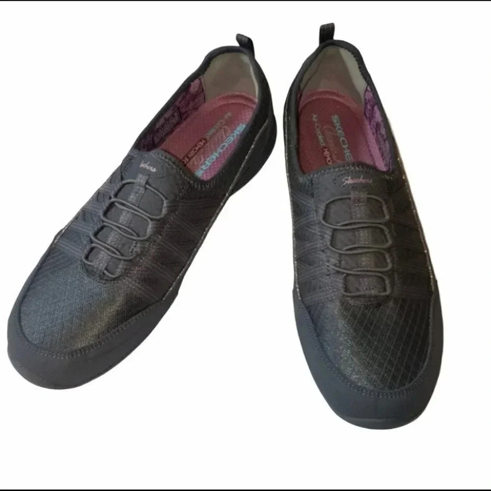 Skechers Classic Fit‎ Slip On 9.5 Charcoal Grey Bungee Laces Metallic Sparkle